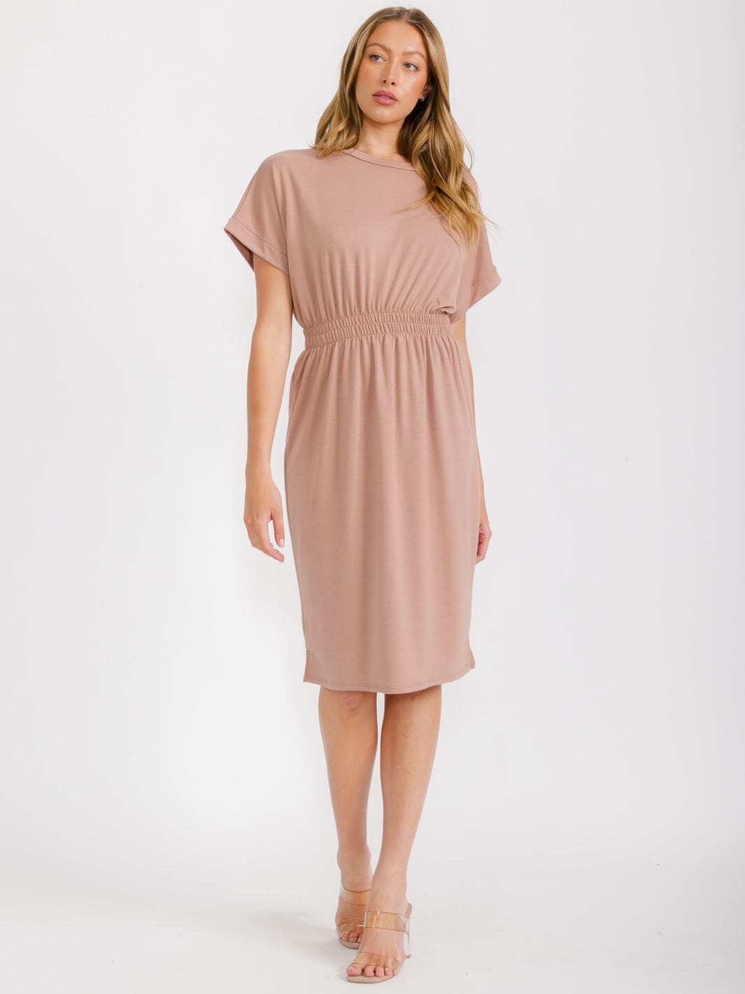 WOMEN'S SHORT SLEEVES ELASTIC WAIST MIDI DRESS