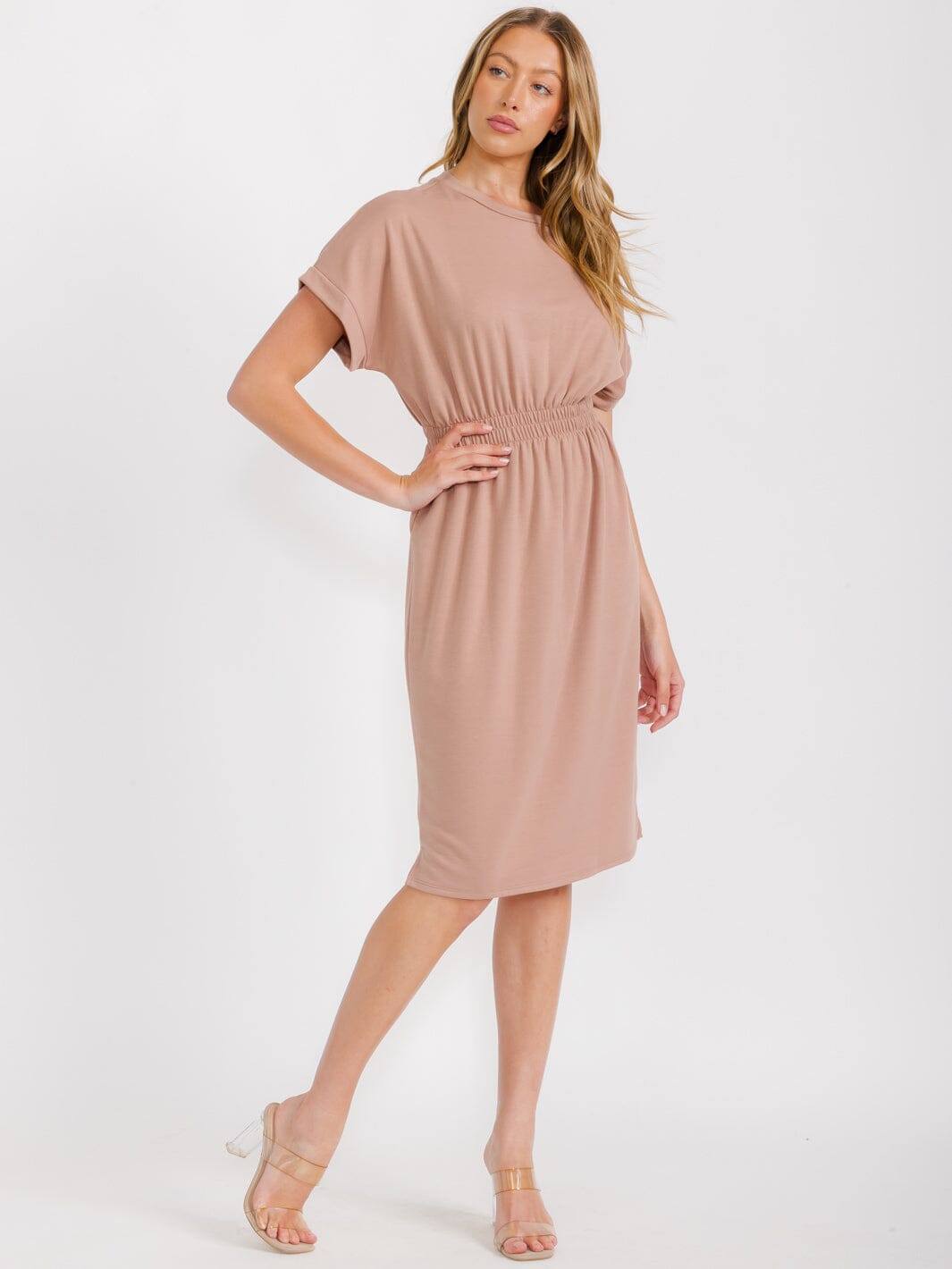 WOMEN'S SHORT SLEEVES ELASTIC WAIST MIDI DRESS
