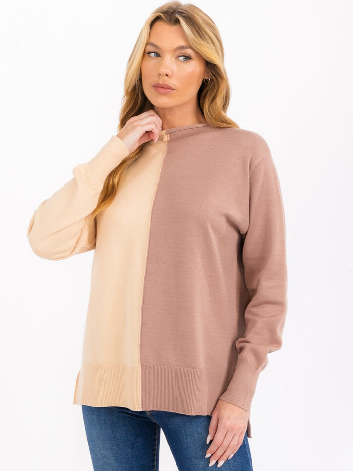 WOMEN'S LONG SLEEVE MOCK NECK KNIT COLORBLOCK TOP