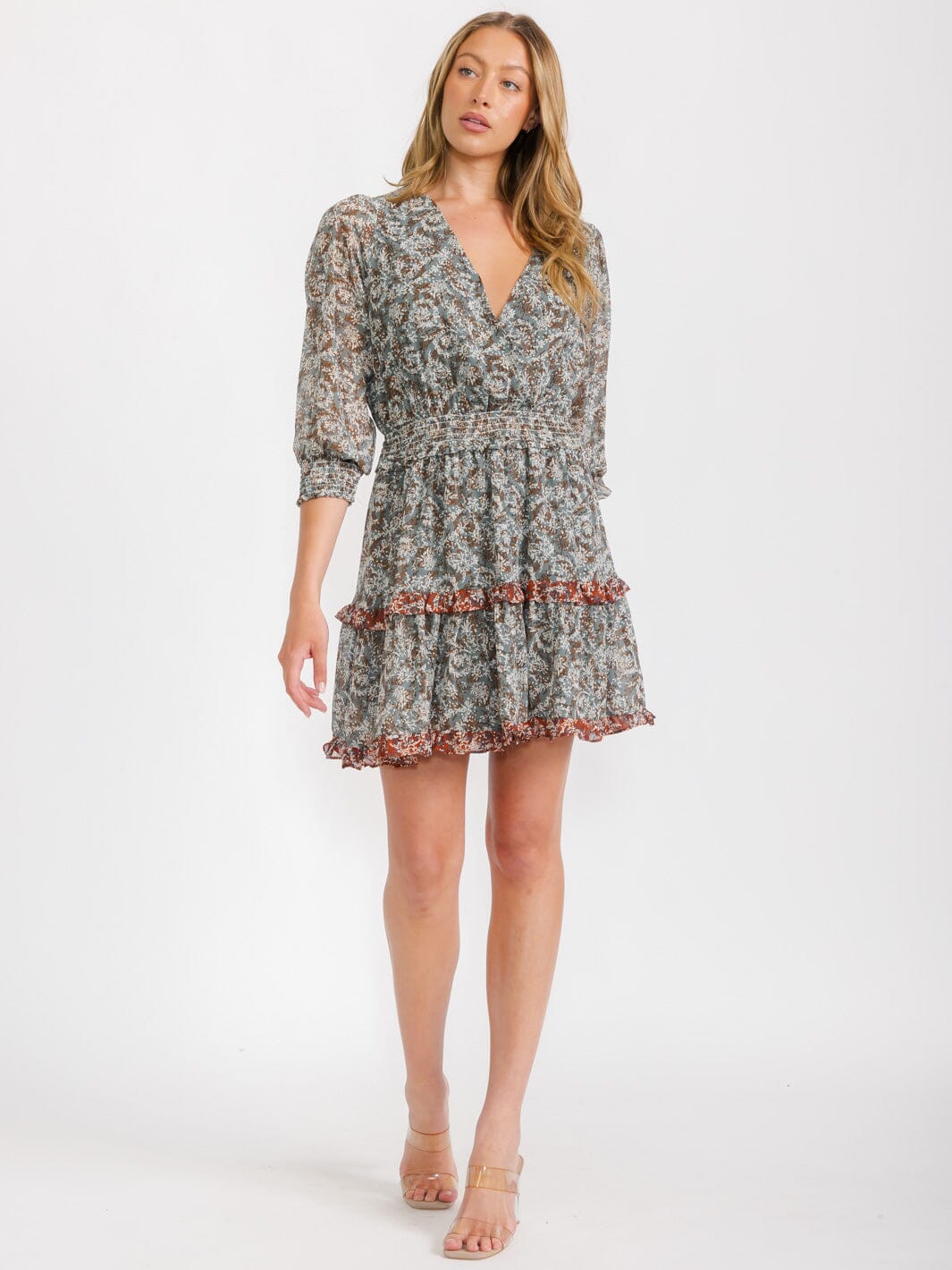 WOMEN'S 3/4 SLEEVES SURPLICE ELASTIC WAIST RUFFLE FLORAL MINI DRESS