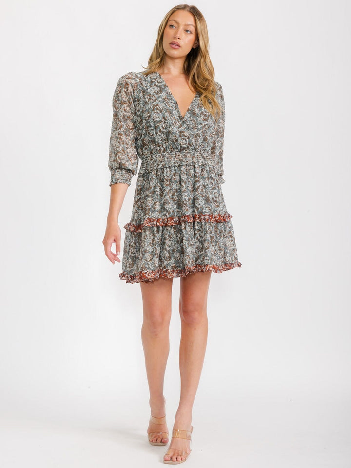 WOMEN'S 3/4 SLEEVES SURPLICE ELASTIC WAIST RUFFLE FLORAL MINI DRESS