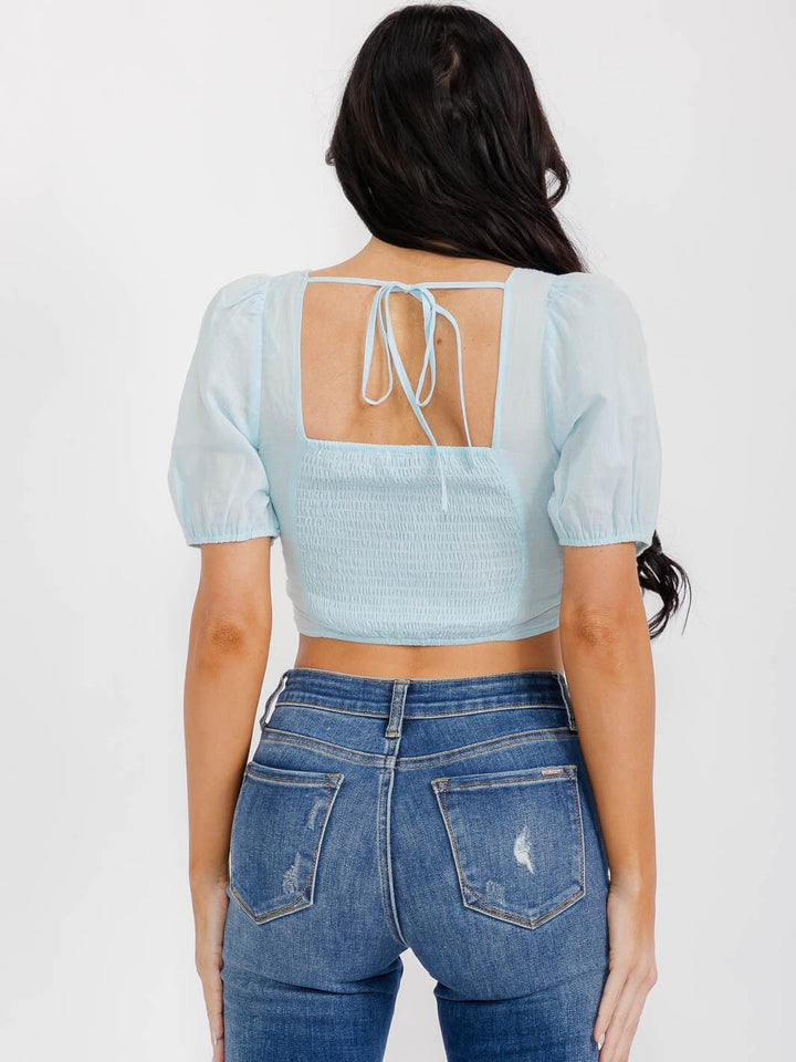 WOMEN'S SHORT SLEEVES SMOCK EYELET CROP TOP