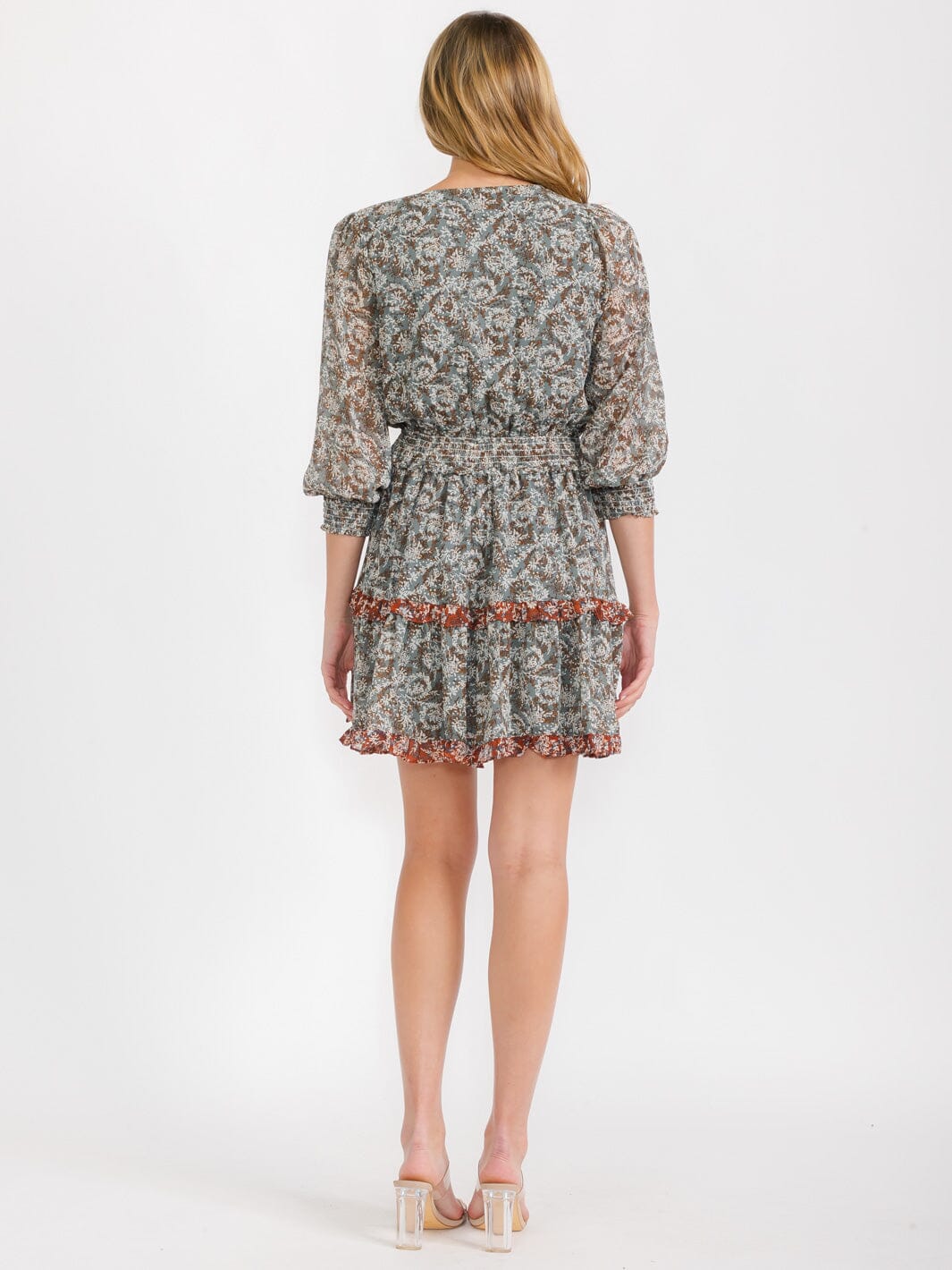 WOMEN'S 3/4 SLEEVES SURPLICE ELASTIC WAIST RUFFLE FLORAL MINI DRESS