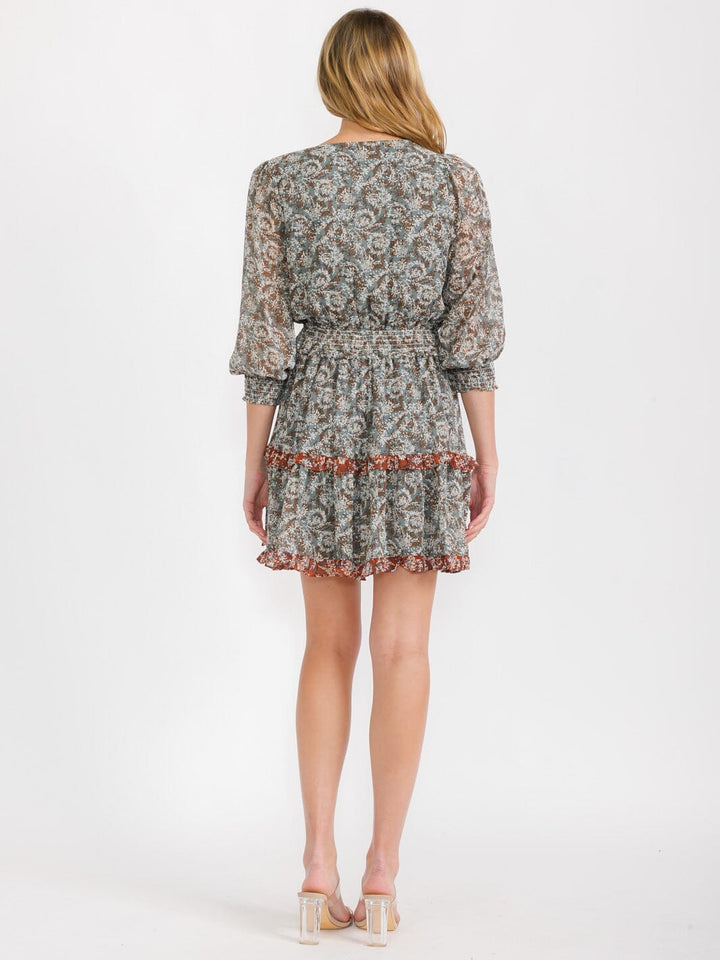 WOMEN'S 3/4 SLEEVES SURPLICE ELASTIC WAIST RUFFLE FLORAL MINI DRESS