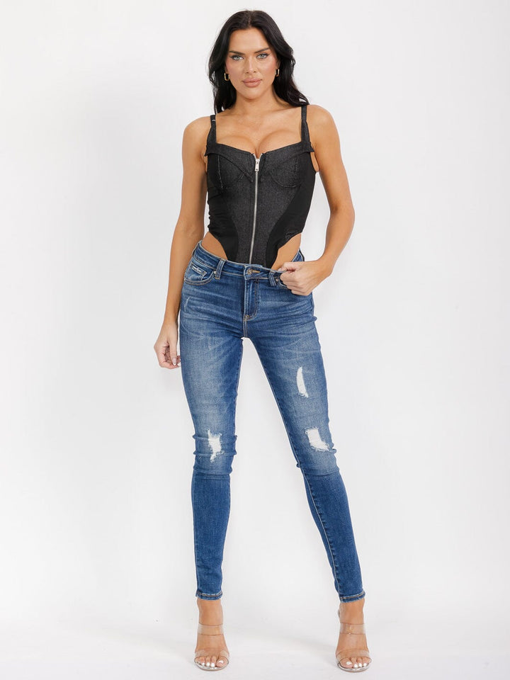 WOMEN'S SLEEVELESS ZIP UP COLORBLOCK DENIM CONTRAST BODYSUIT