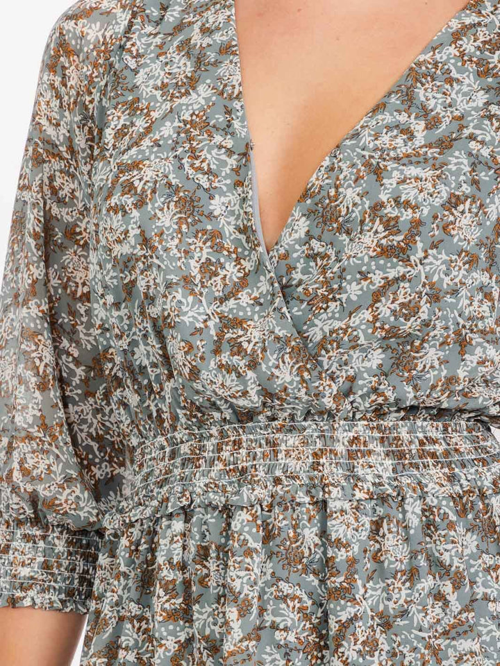 WOMEN'S 3/4 SLEEVES SURPLICE ELASTIC WAIST RUFFLE FLORAL MINI DRESS