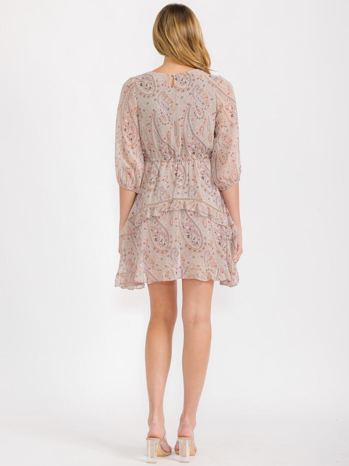 WOMEN'S 3/4 SLEEVES V-NECK RUFFLE PAISLEY PRINT HIGH-LOW MINI DRESS
