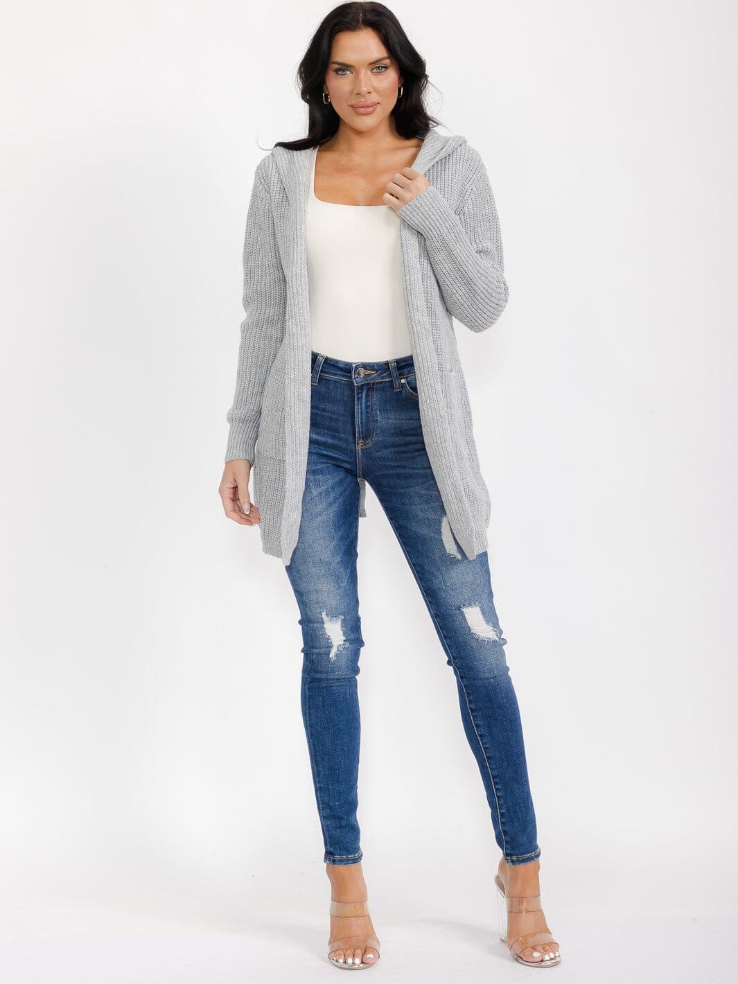 WOMEN'S LONG SLEEVE OPEN FRONT POCKETS BACK LACE UP KNIT HOODED CARDIGAN