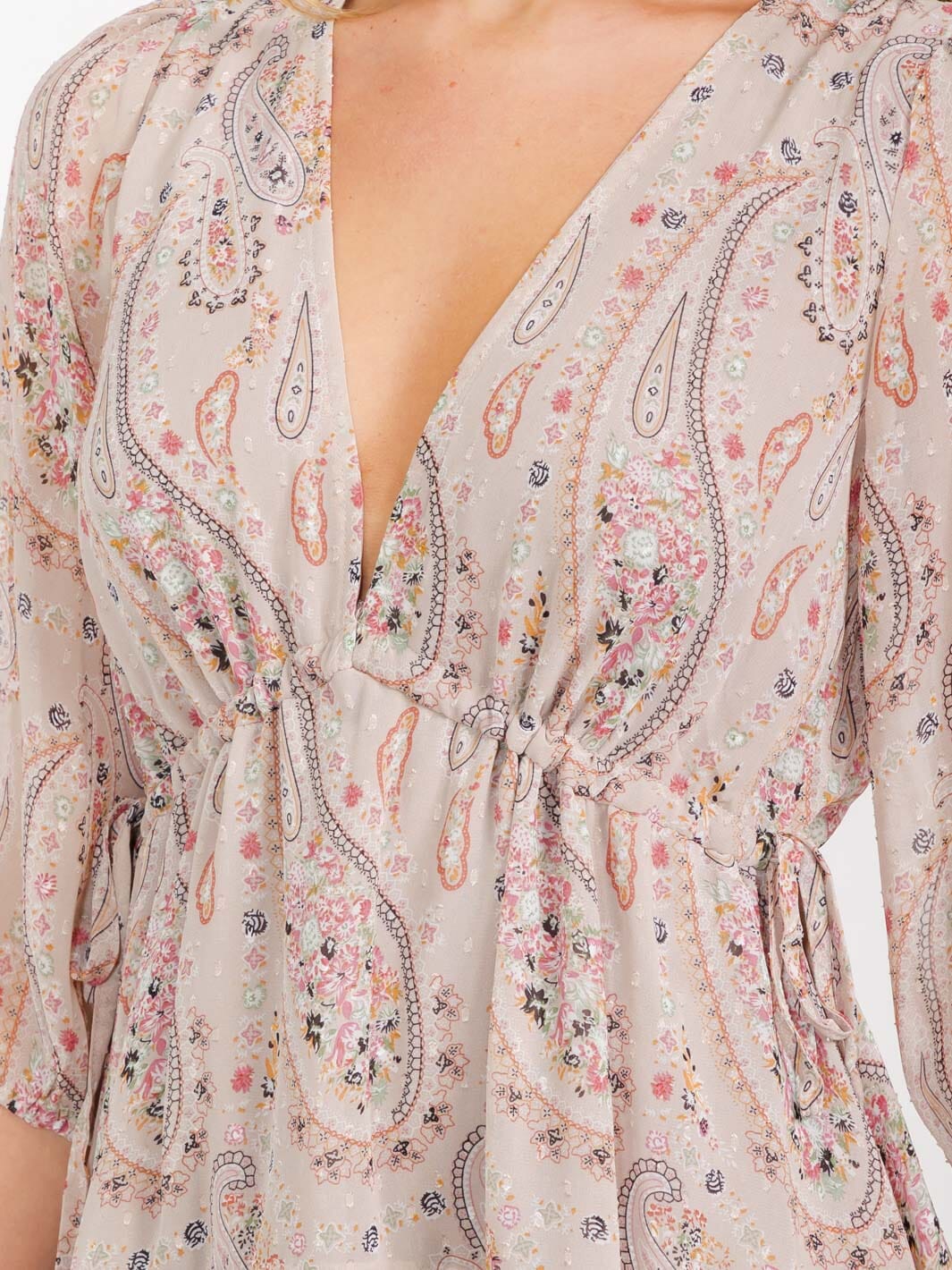 WOMEN'S 3/4 SLEEVES V-NECK RUFFLE PAISLEY PRINT HIGH-LOW MINI DRESS