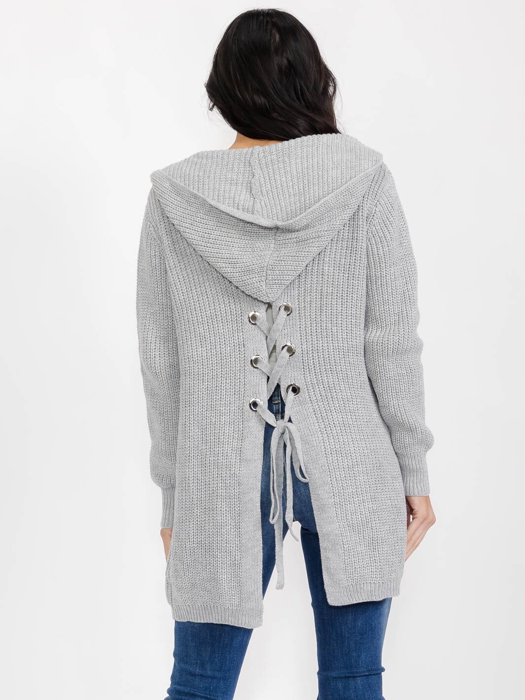 WOMEN'S LONG SLEEVE OPEN FRONT POCKETS BACK LACE UP KNIT HOODED CARDIGAN