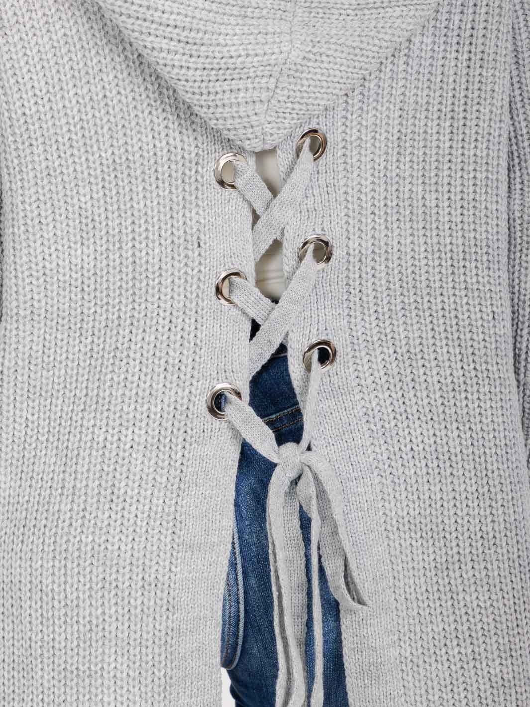 WOMEN'S LONG SLEEVE OPEN FRONT POCKETS BACK LACE UP KNIT HOODED CARDIGAN