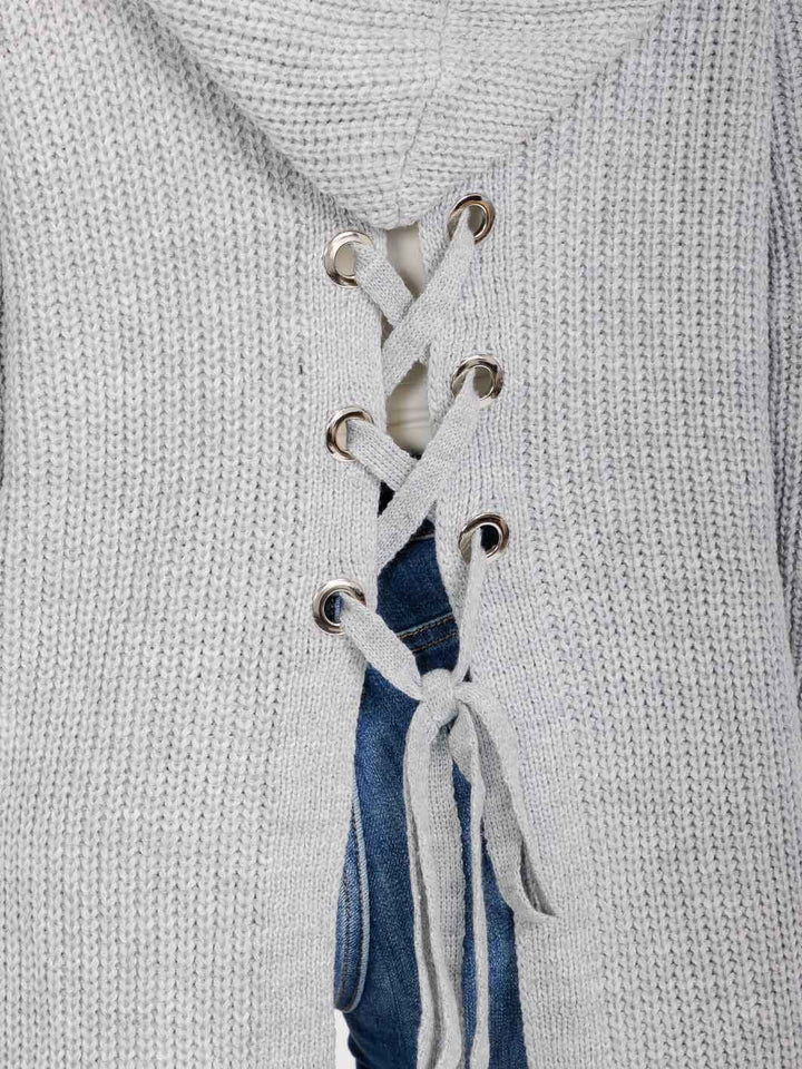 WOMEN'S LONG SLEEVE OPEN FRONT POCKETS BACK LACE UP KNIT HOODED CARDIGAN
