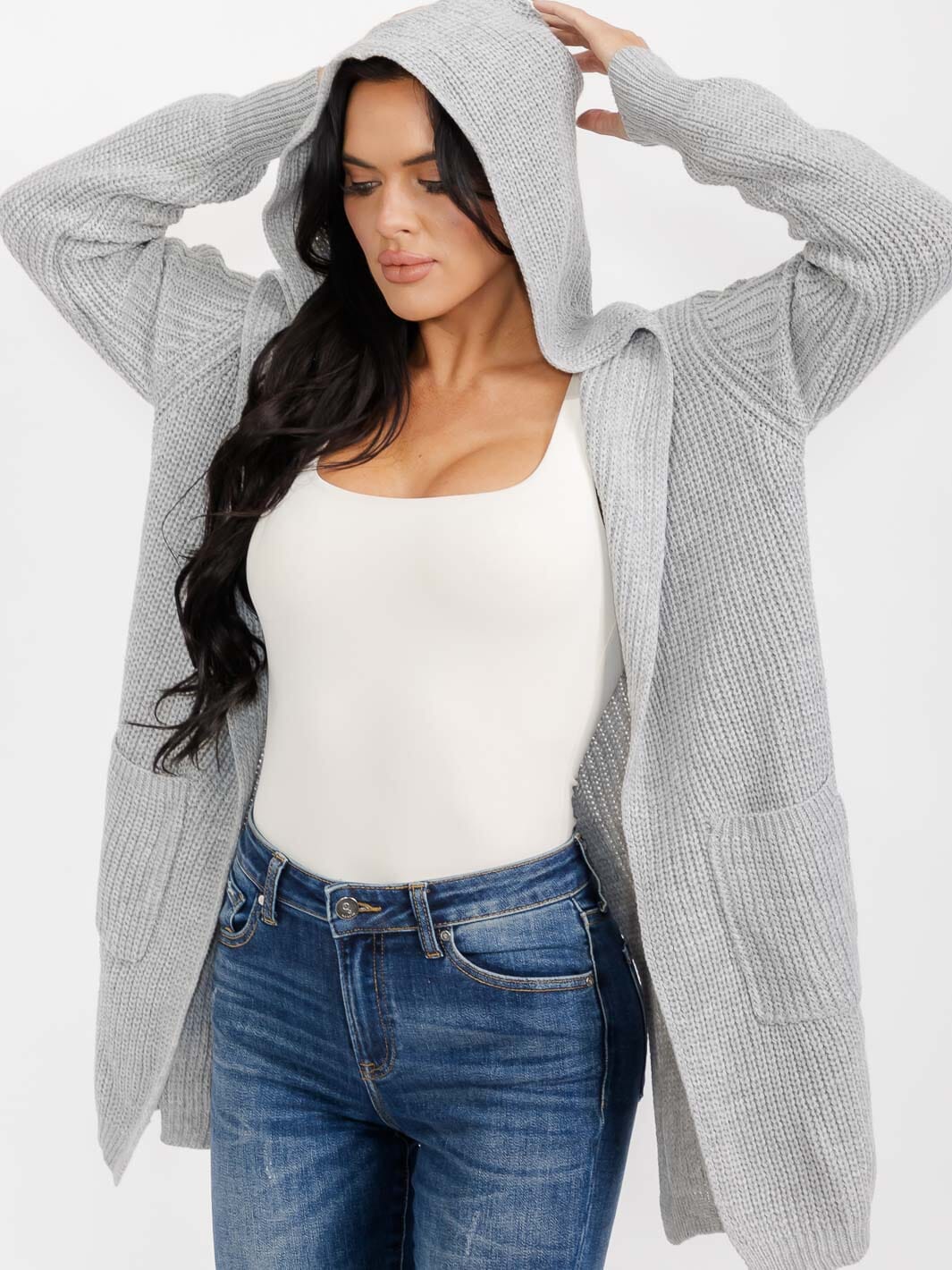 WOMEN'S LONG SLEEVE OPEN FRONT POCKETS BACK LACE UP KNIT HOODED CARDIGAN