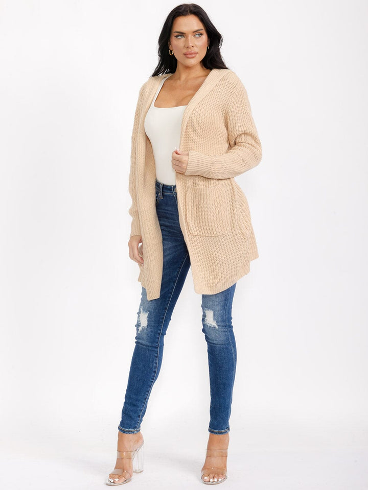 WOMEN'S LONG SLEEVE OPEN FRONT POCKETS BACK LACE UP KNIT HOODED CARDIGAN