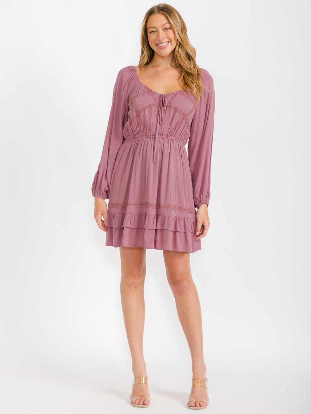 WOMEN'S LONG SLEEVES V-NECK ELASTIC WAIST RUFFLE MINI DRESS