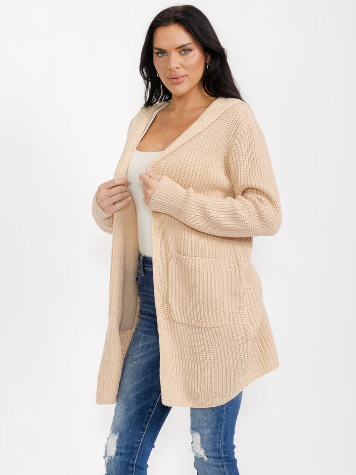 WOMEN'S LONG SLEEVE OPEN FRONT POCKETS BACK LACE UP KNIT HOODED CARDIGAN
