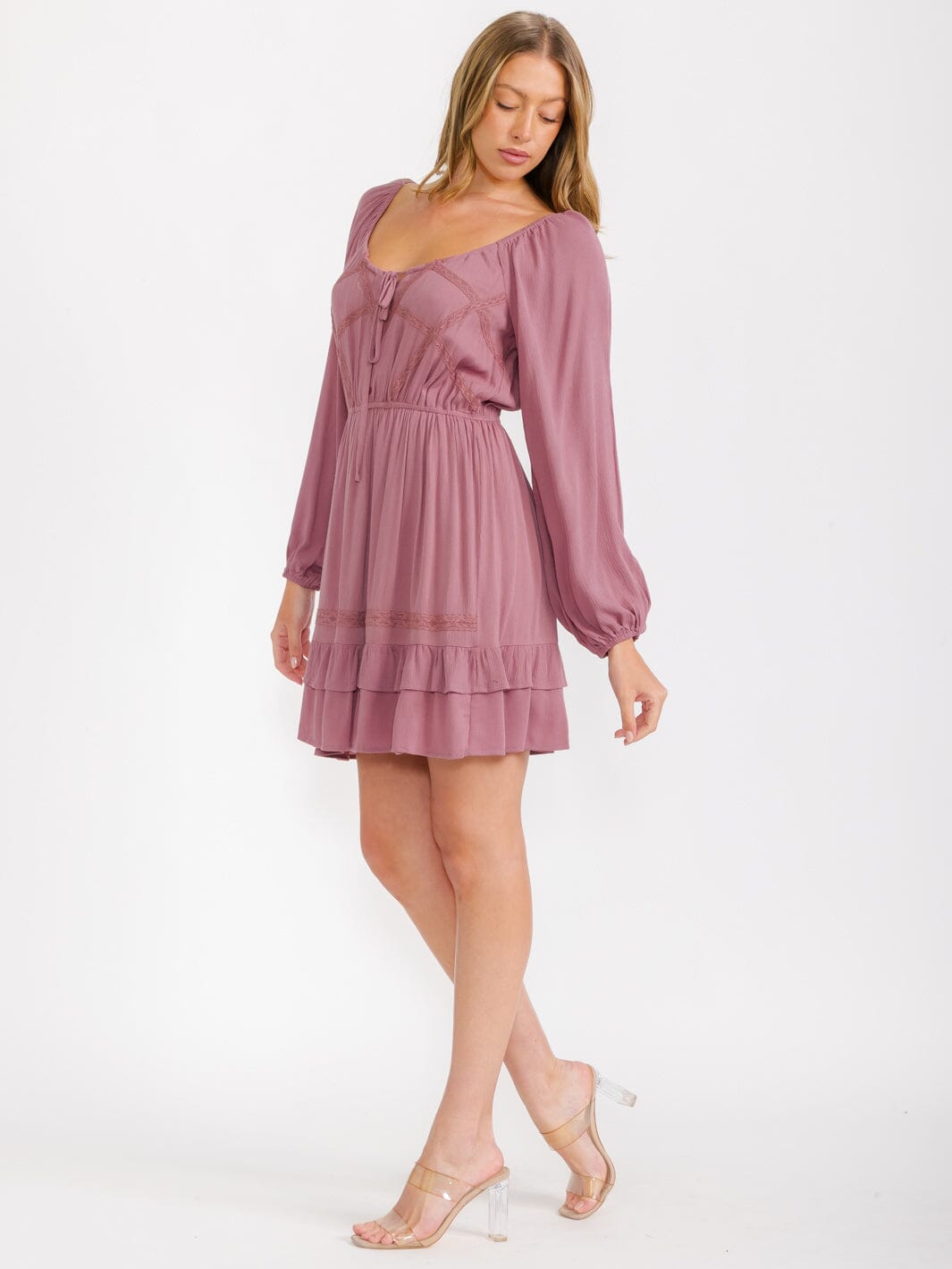WOMEN'S LONG SLEEVES V-NECK ELASTIC WAIST RUFFLE MINI DRESS