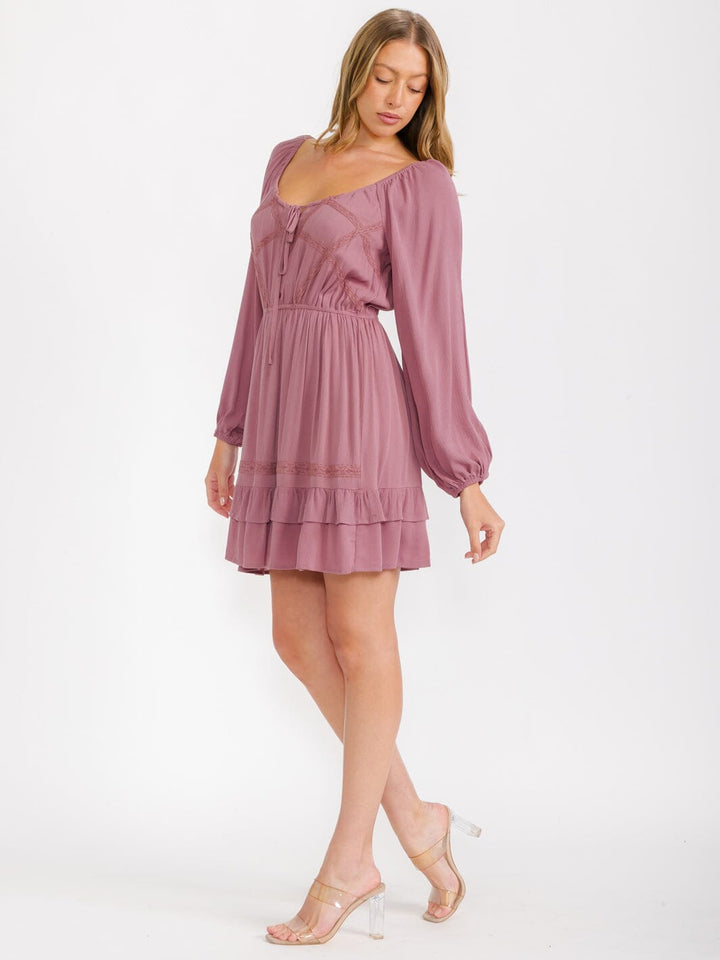 WOMEN'S LONG SLEEVES V-NECK ELASTIC WAIST RUFFLE MINI DRESS