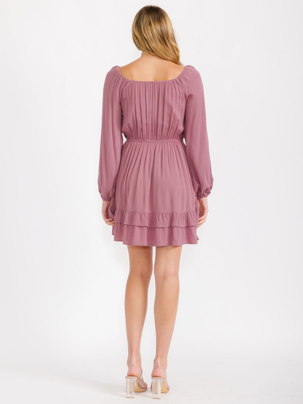 WOMEN'S LONG SLEEVES V-NECK ELASTIC WAIST RUFFLE MINI DRESS
