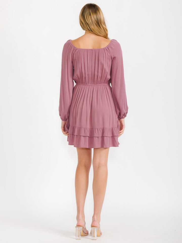 WOMEN'S LONG SLEEVES V-NECK ELASTIC WAIST RUFFLE MINI DRESS
