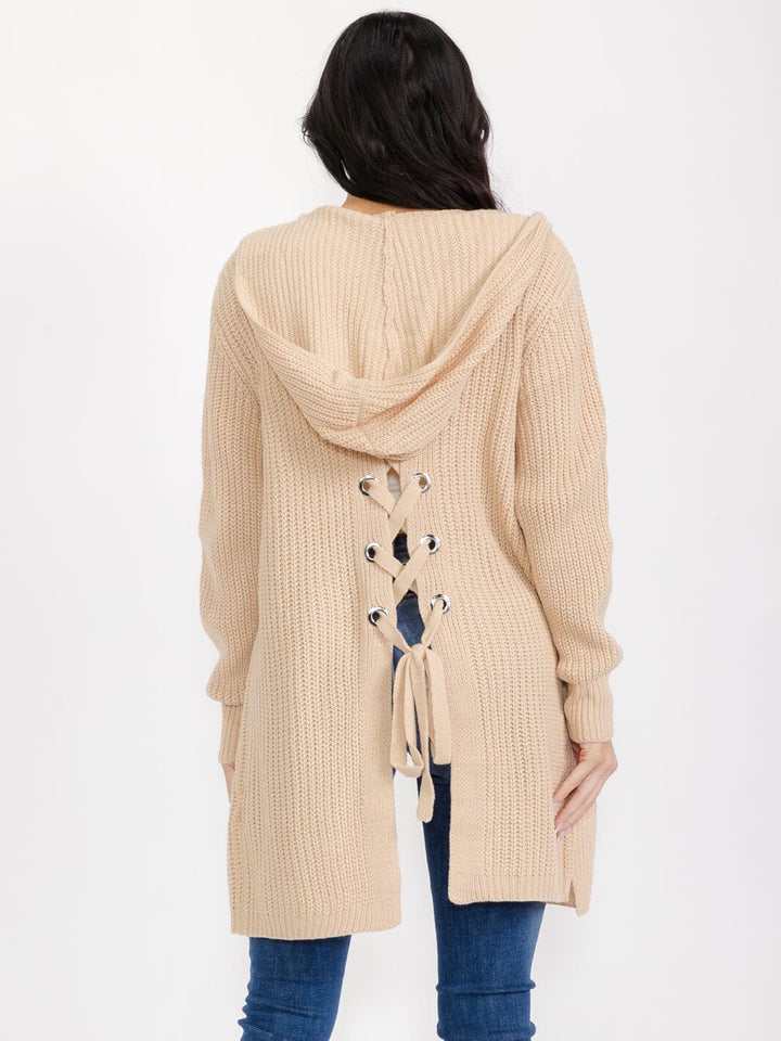 WOMEN'S LONG SLEEVE OPEN FRONT POCKETS BACK LACE UP KNIT HOODED CARDIGAN
