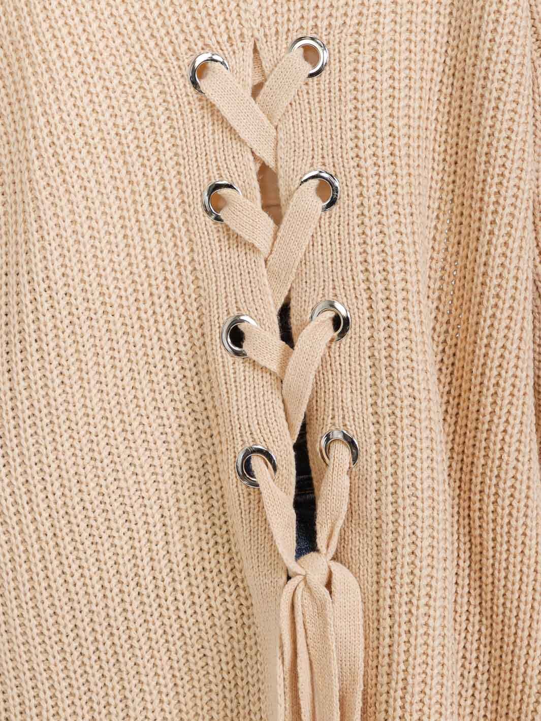WOMEN'S LONG SLEEVE OPEN FRONT POCKETS BACK LACE UP KNIT HOODED CARDIGAN