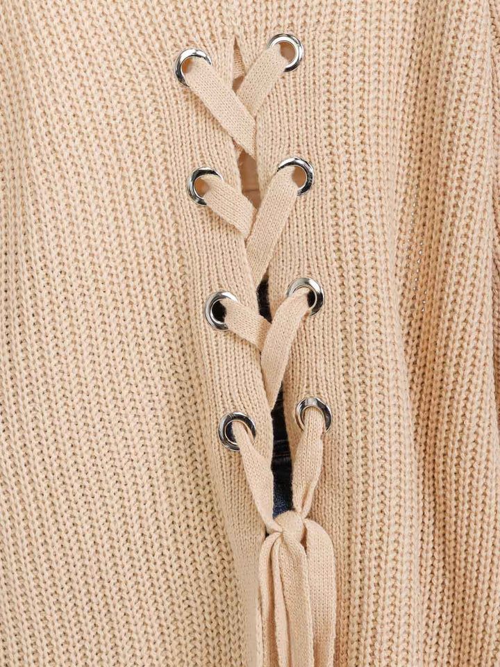 WOMEN'S LONG SLEEVE OPEN FRONT POCKETS BACK LACE UP KNIT HOODED CARDIGAN