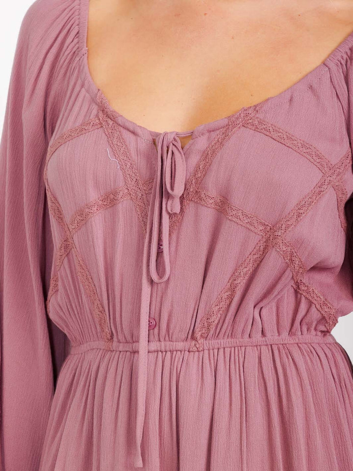 WOMEN'S LONG SLEEVES V-NECK ELASTIC WAIST RUFFLE MINI DRESS