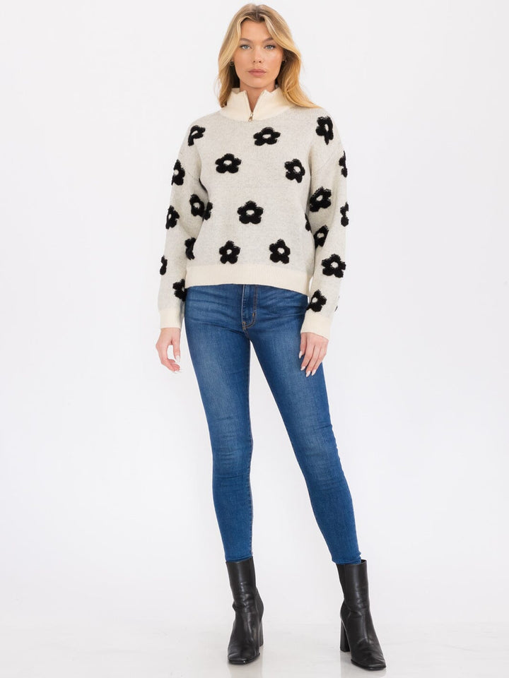 WOMEN'S LONG SLEEVES TURTLE NECK PULLOVER FLOWER PRINT SWEATER