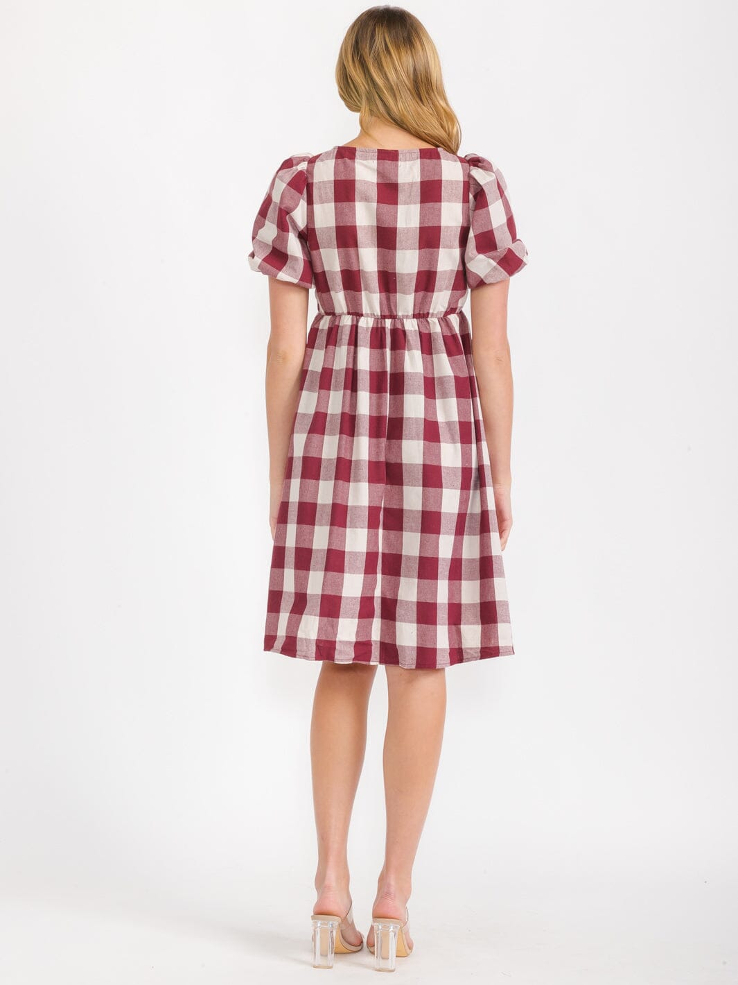 WOMEN'S SHORT SLEEVES SQUARE NECK FRONT POCKETS PLAID MIDI DRESS