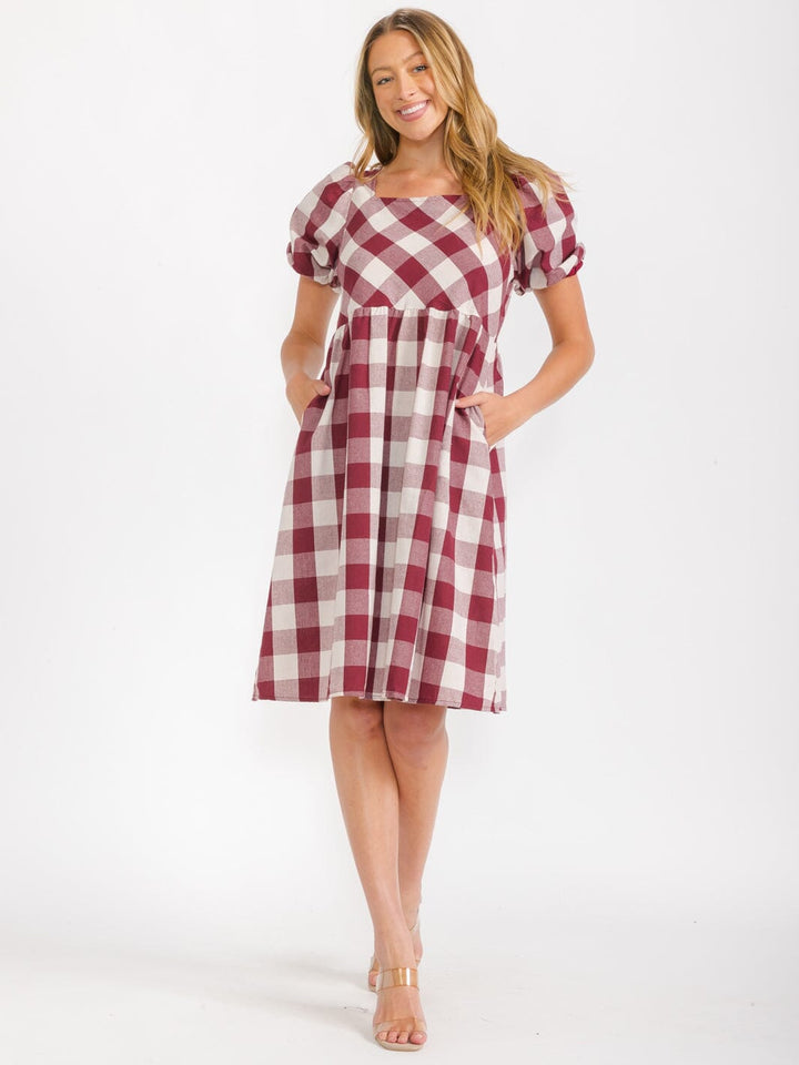 WOMEN'S SHORT SLEEVES SQUARE NECK FRONT POCKETS PLAID MIDI DRESS