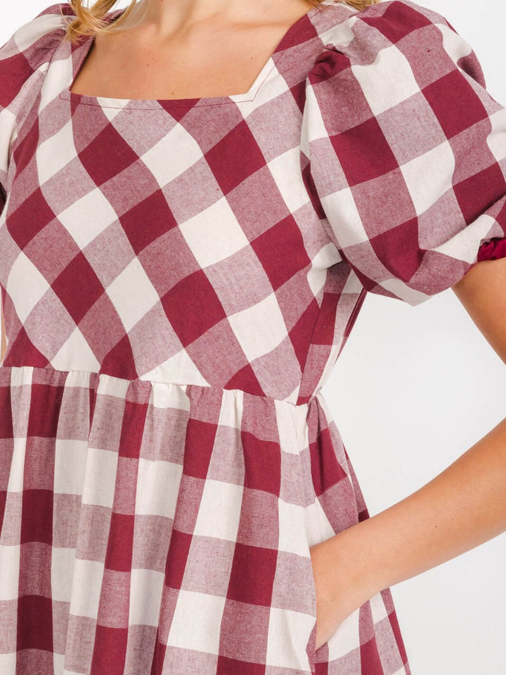 WOMEN'S SHORT SLEEVES SQUARE NECK FRONT POCKETS PLAID MIDI DRESS