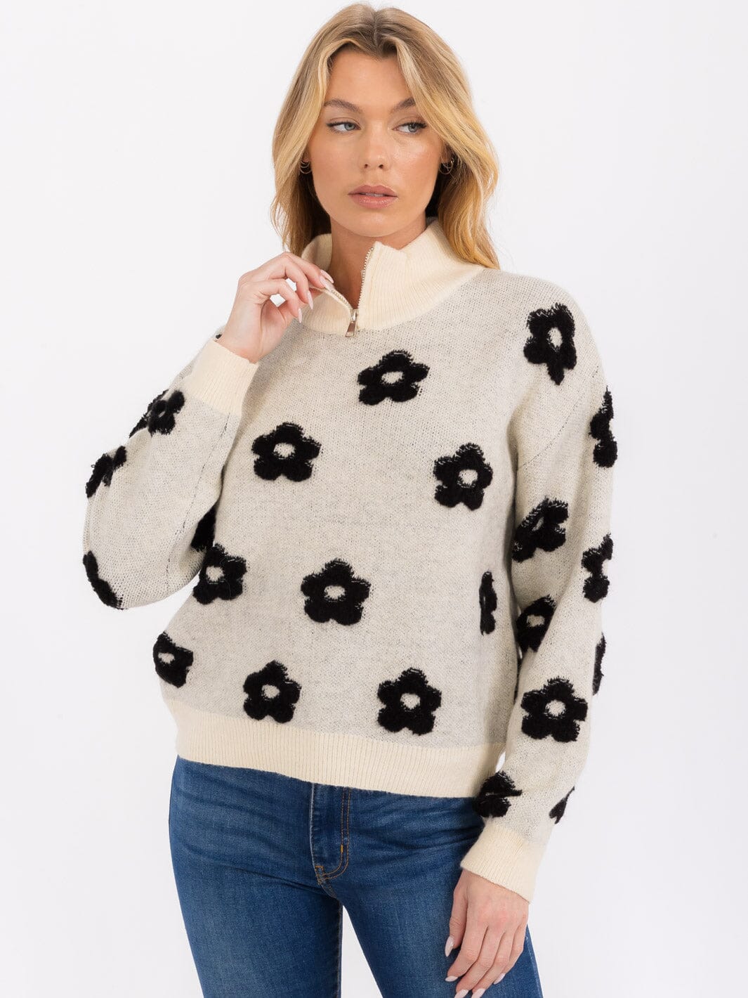 WOMEN'S LONG SLEEVES TURTLE NECK PULLOVER FLOWER PRINT SWEATER