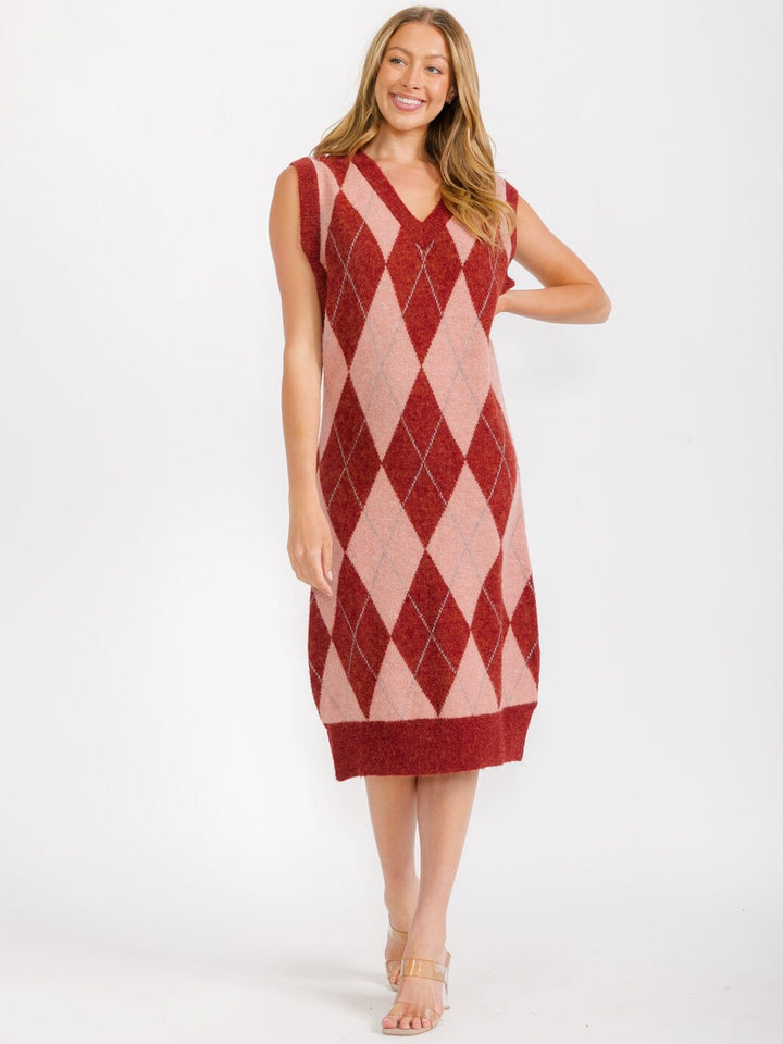 WOMEN'S SLEEVELESS V-NECK PRINTED COLORBLOCK MIDI DRESS