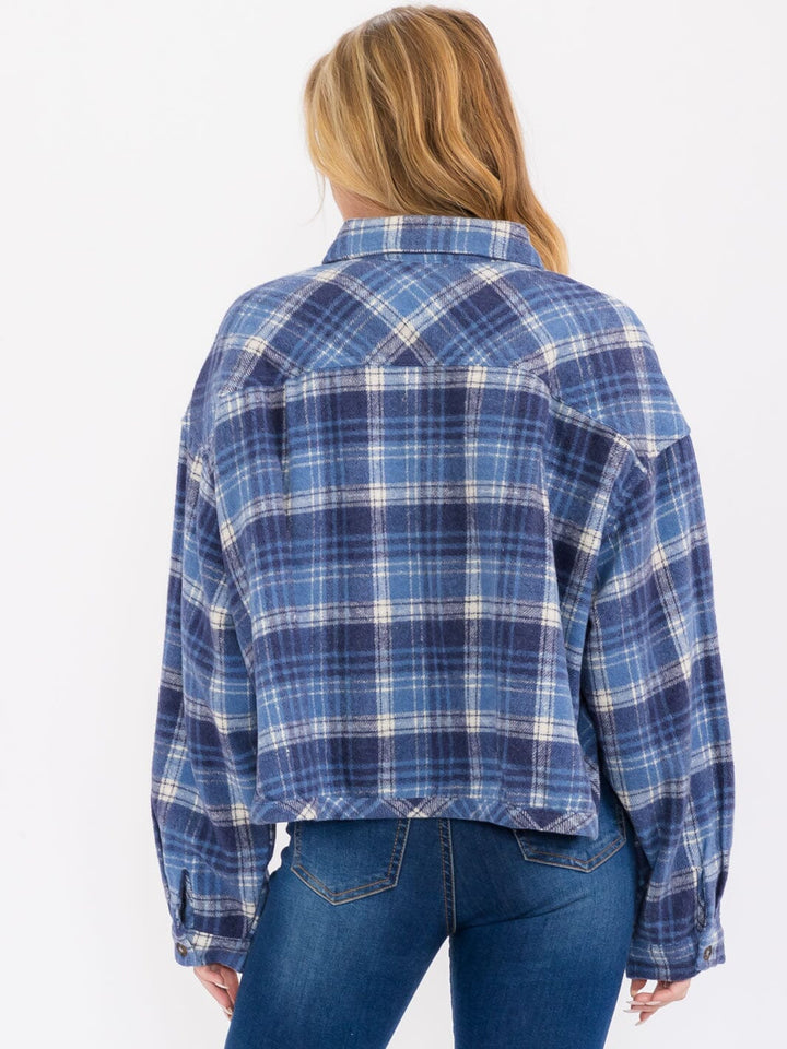 WOMEN'S LONG SLEEVE BUTTON CLOSURE FRONT POCKETS PLAID JACKET