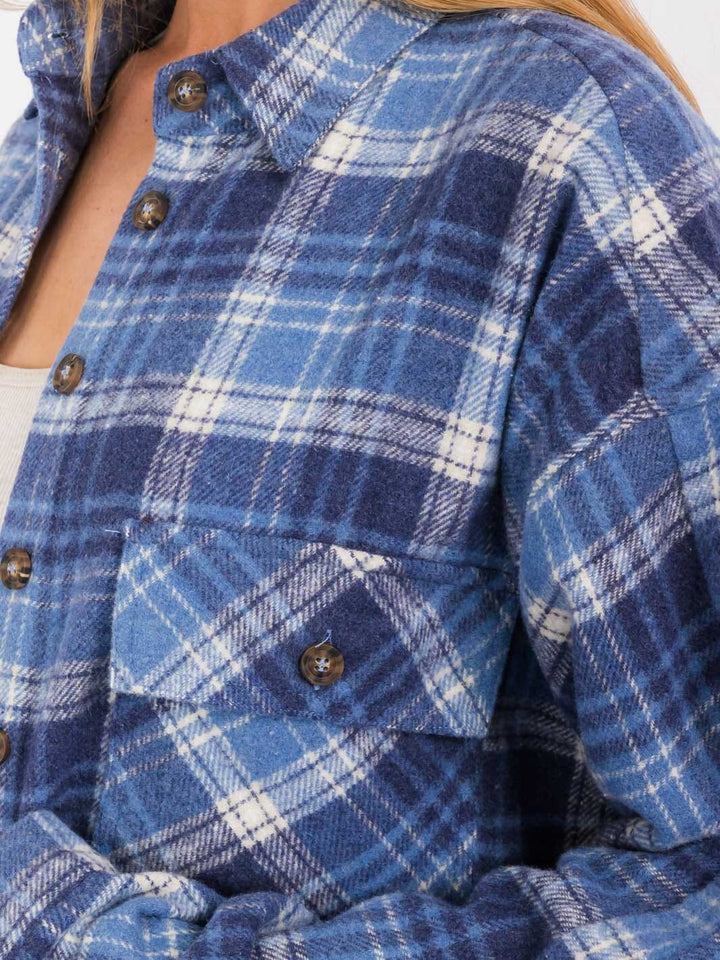 WOMEN'S LONG SLEEVE BUTTON CLOSURE FRONT POCKETS PLAID JACKET