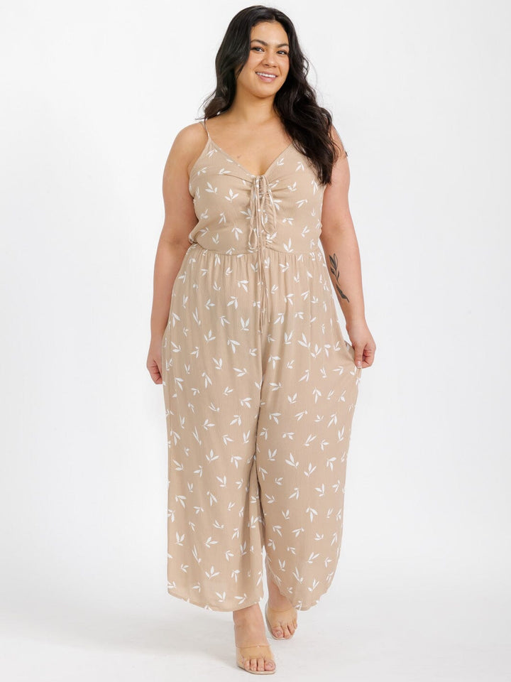 PLUS SIZE SLEEVELESS V-NECK FRONT RUCHED LEAF PRINT WIDE LEG JUMPSUIT