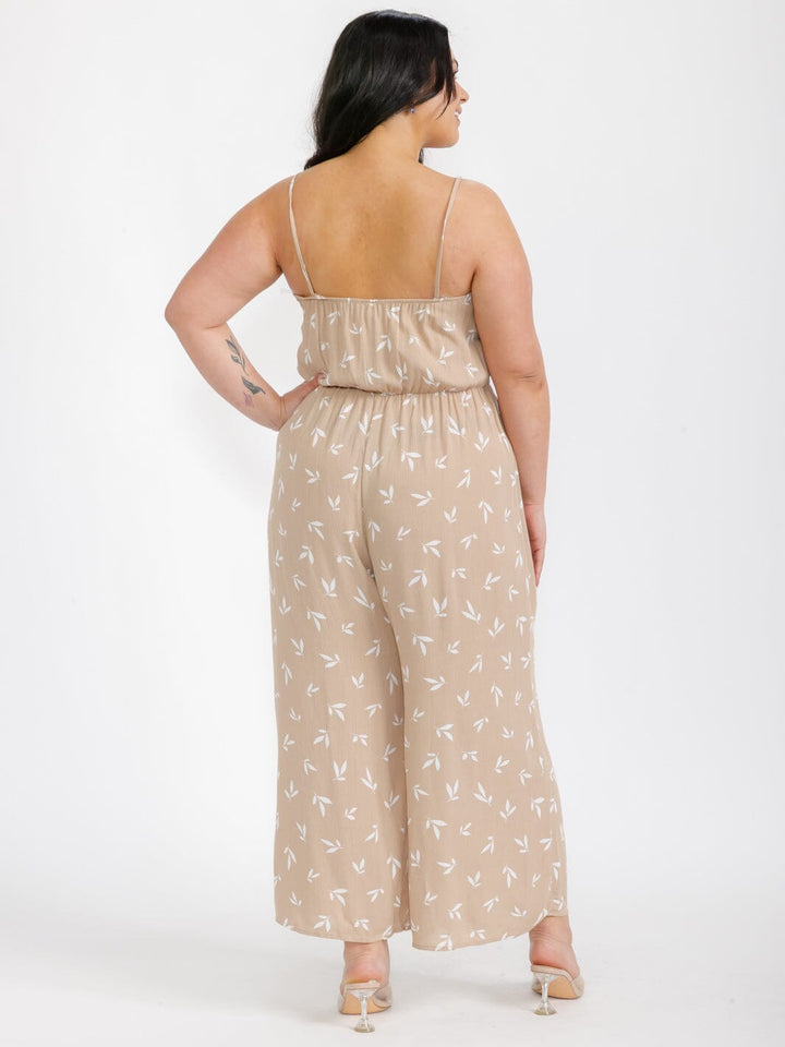 PLUS SIZE SLEEVELESS V-NECK FRONT RUCHED LEAF PRINT WIDE LEG JUMPSUIT