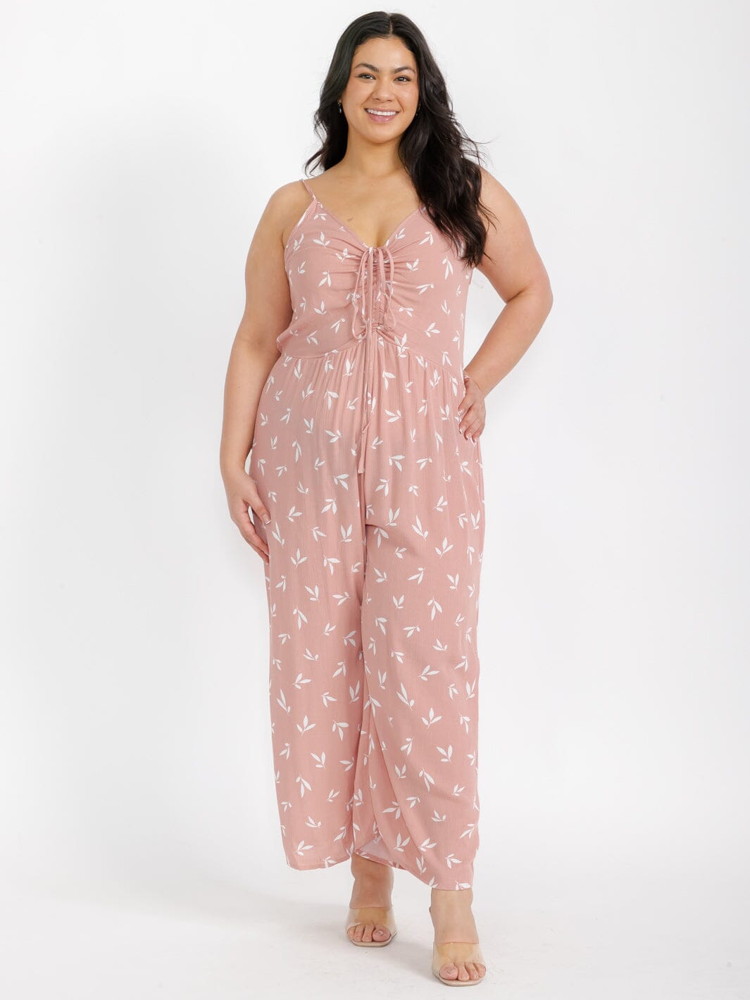 PLUS SIZE SLEEVELESS V-NECK FRONT RUCHED LEAF PRINT WIDE LEG JUMPSUIT