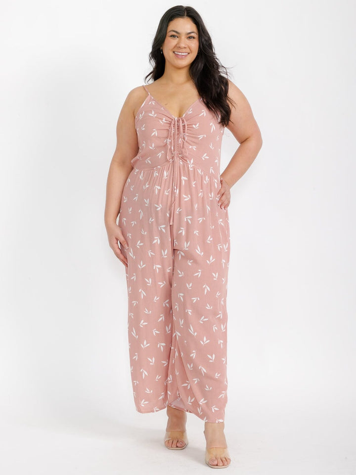 PLUS SIZE SLEEVELESS V-NECK FRONT RUCHED LEAF PRINT WIDE LEG JUMPSUIT