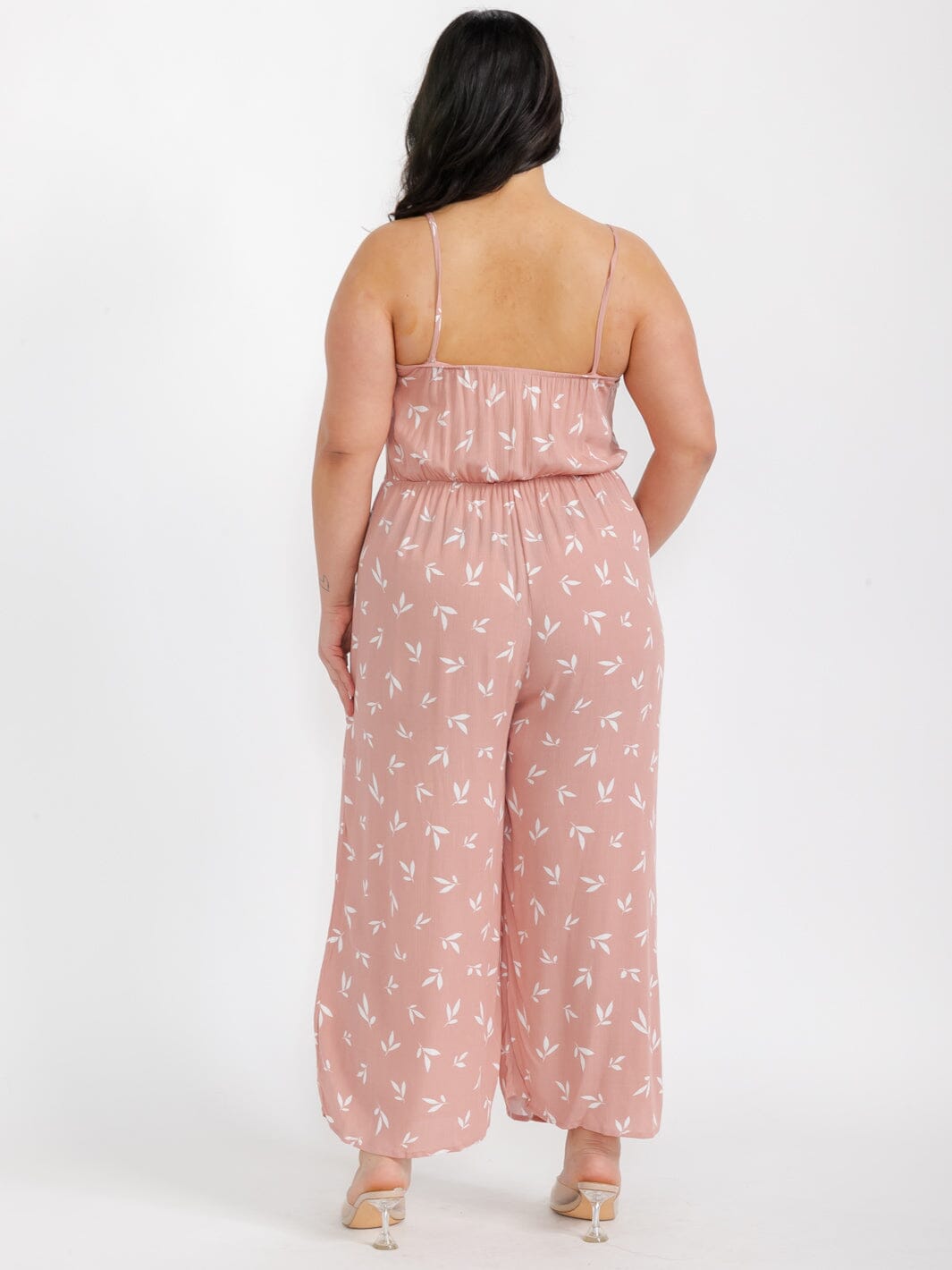 PLUS SIZE SLEEVELESS V-NECK FRONT RUCHED LEAF PRINT WIDE LEG JUMPSUIT