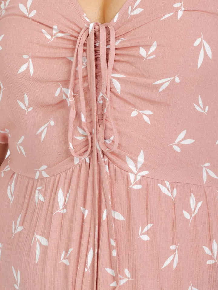 PLUS SIZE SLEEVELESS V-NECK FRONT RUCHED LEAF PRINT WIDE LEG JUMPSUIT