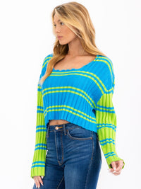 WOMEN'S LONG SLEEVE SQUARE NECK COLORBLOCK RIBBED CROP TOP