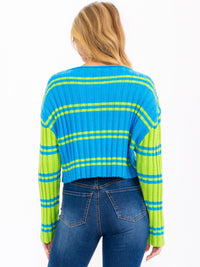 WOMEN'S LONG SLEEVE SQUARE NECK COLORBLOCK RIBBED CROP TOP