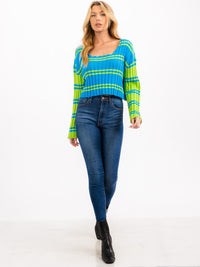 WOMEN'S LONG SLEEVE SQUARE NECK COLORBLOCK RIBBED CROP TOP