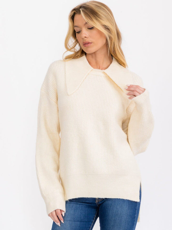 WOMEN'S LONG SLEEVE COLLAR HIGH-LOW PULLOVER SWEATER