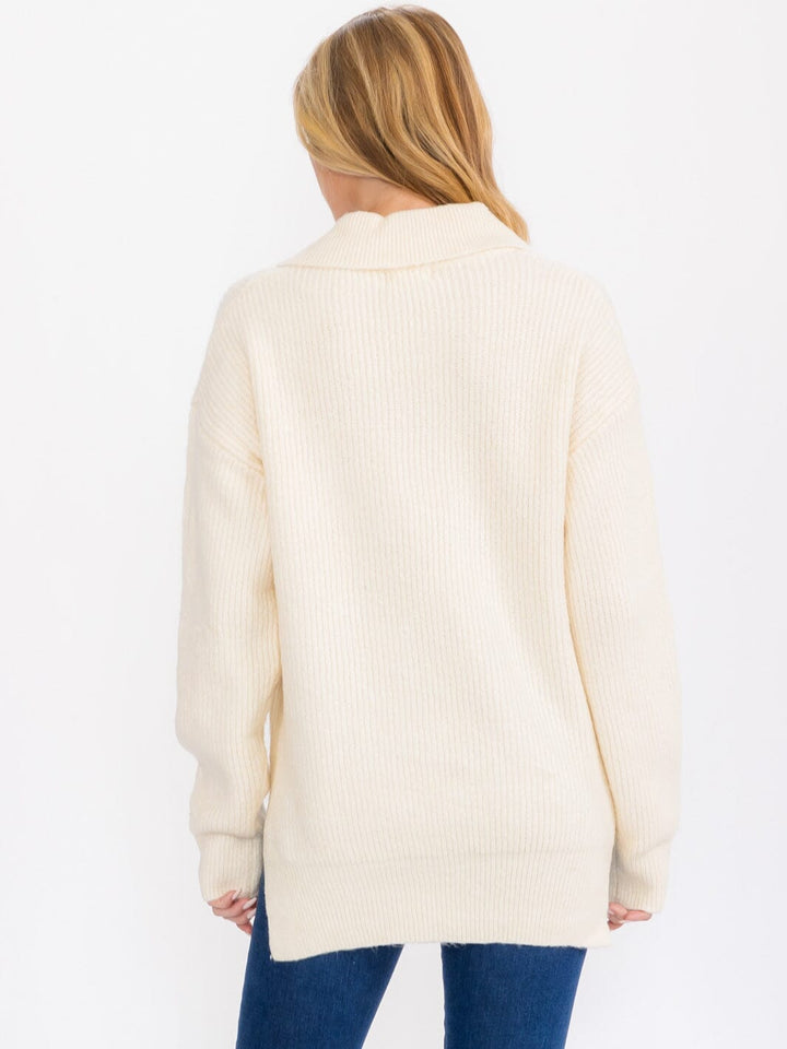 WOMEN'S LONG SLEEVE COLLAR HIGH-LOW PULLOVER SWEATER