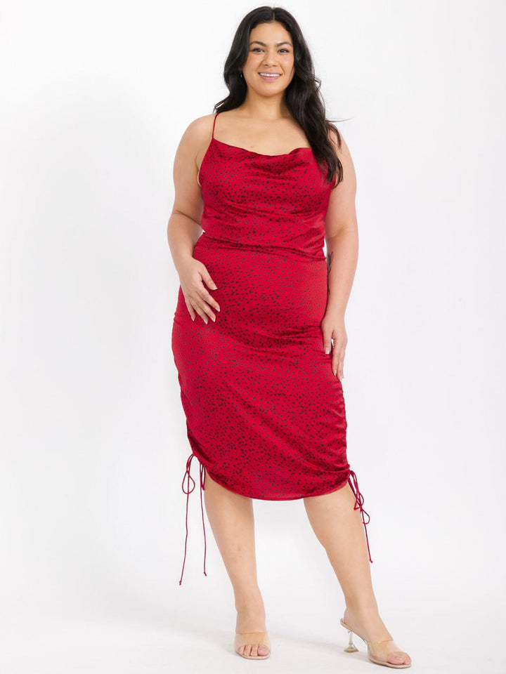 PLUS SIZE SLEEVELESS COWL NECK RUCHED POLKA DOTS MIDI DRESS