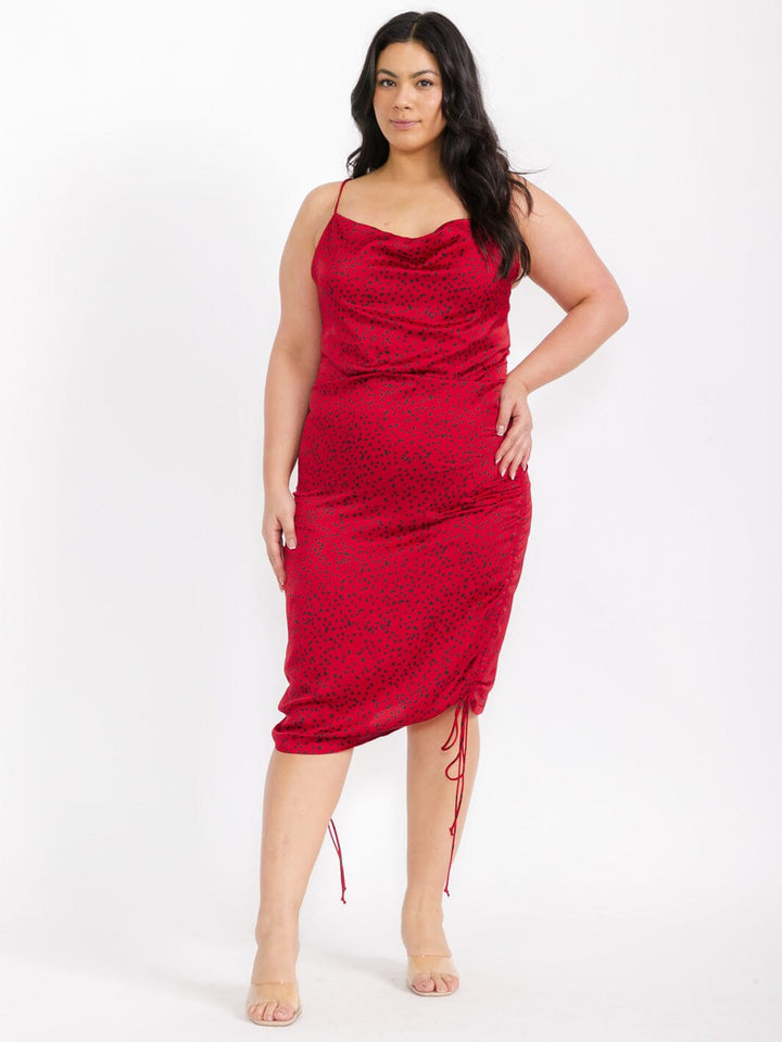 PLUS SIZE SLEEVELESS COWL NECK RUCHED POLKA DOTS MIDI DRESS
