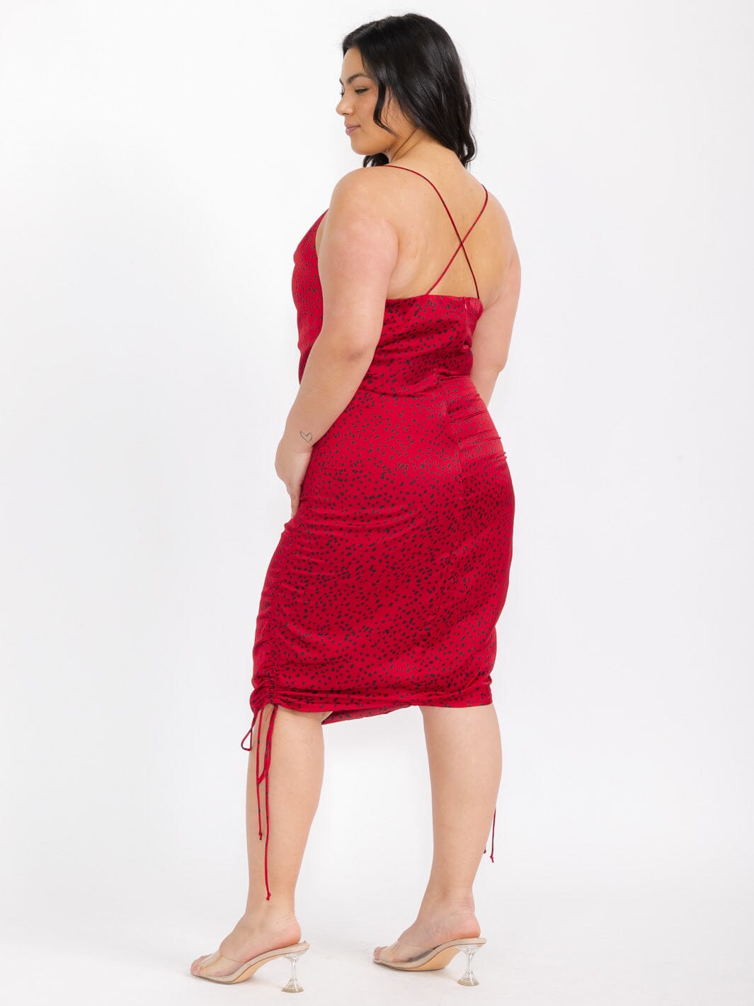 PLUS SIZE SLEEVELESS COWL NECK RUCHED POLKA DOTS MIDI DRESS